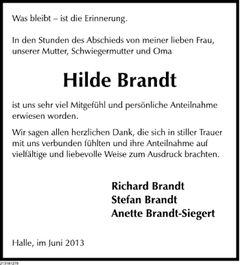 Traueranzeige von Hilde Brandt von Deister- und Weserzeitung