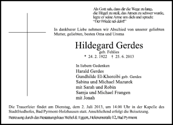 Traueranzeige von Hildegard Gerdes von Deister- und Weserzeitung