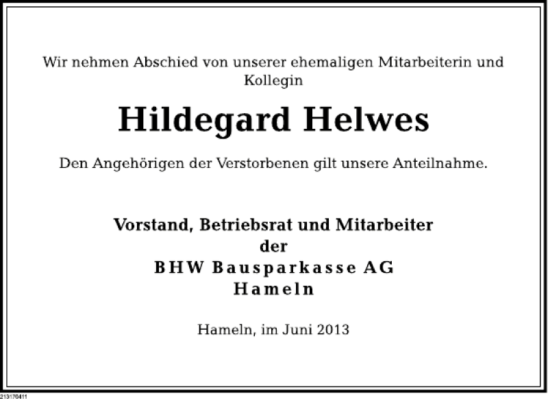  Traueranzeige für Hildegard Helwes vom 03.06.2013 aus Deister- und Weserzeitung