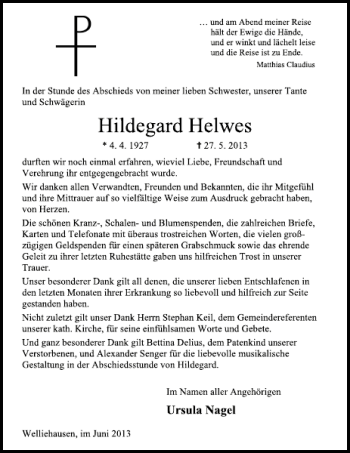 Traueranzeige von Hildegard Helwes von Deister- und Weserzeitung