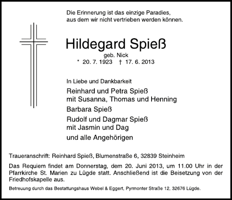  Traueranzeige für Hildegard Spieß vom 19.06.2013 aus Deister- und Weserzeitung