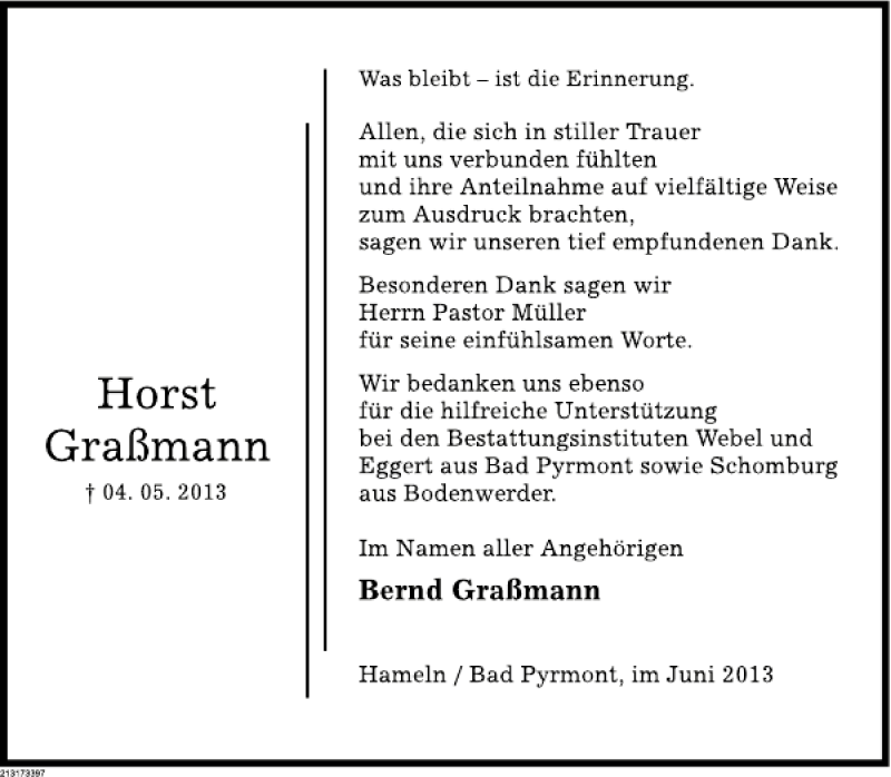  Traueranzeige für Horst Graßmann vom 08.06.2013 aus Deister- und Weserzeitung