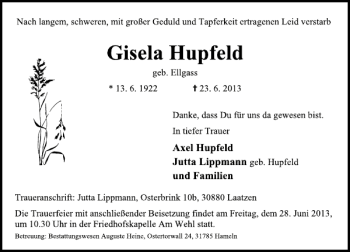 Traueranzeige von Hupfeld  von Deister- und Weserzeitung