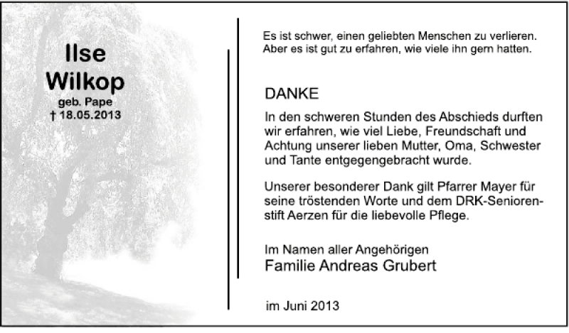  Traueranzeige für Ilse Wilkop vom 22.06.2013 aus Deister- und Weserzeitung
