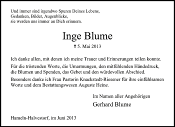 Traueranzeige von Inge Blume von Deister- und Weserzeitung
