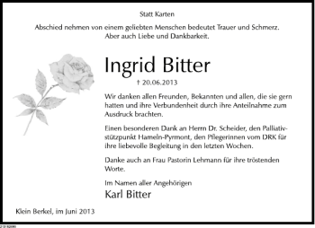 Traueranzeige von Ingrid Bitter von Deister- und Weserzeitung