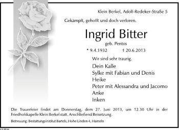 Traueranzeige von Ingrid Bitter von Deister- und Weserzeitung