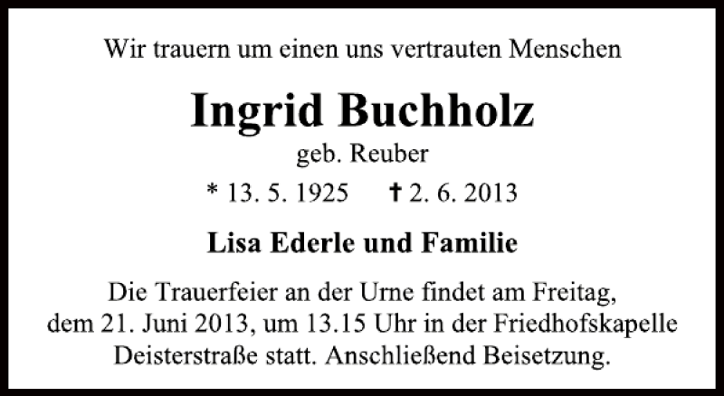  Traueranzeige für Ingrid Buchholz vom 18.06.2013 aus Deister- und Weserzeitung