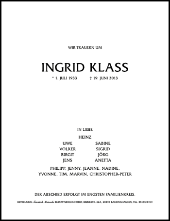 Traueranzeige von Ingrid Klass von Deister- und Weserzeitung