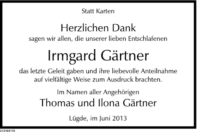  Traueranzeige für Irmgard Gärtner vom 29.06.2013 aus Deister- und Weserzeitung