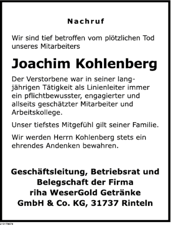 Traueranzeige von Joachim Kohlenberg von Deister- und Weserzeitung