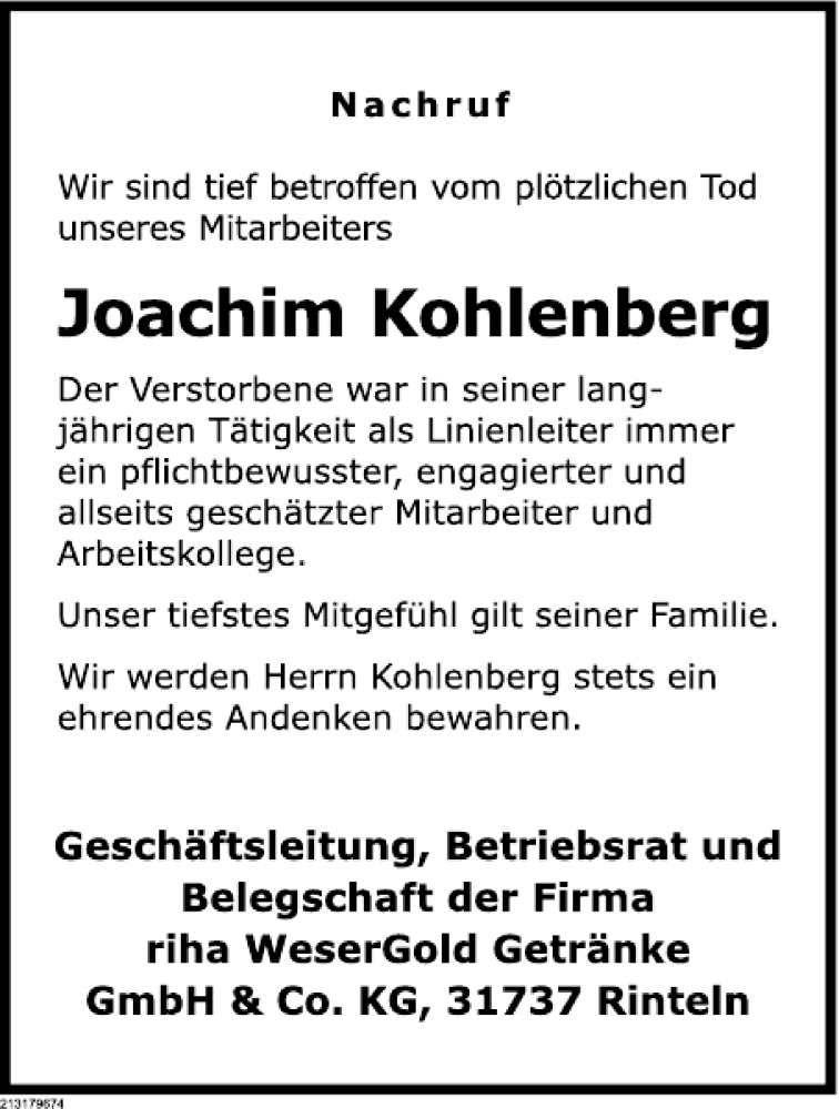  Traueranzeige für Joachim Kohlenberg vom 22.06.2013 aus Deister- und Weserzeitung