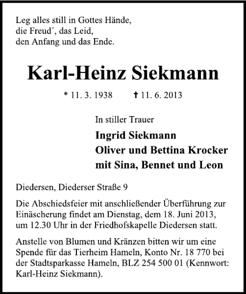  Traueranzeige für Karl-Heinz Siekmann vom 15.06.2013 aus Deister- und Weserzeitung