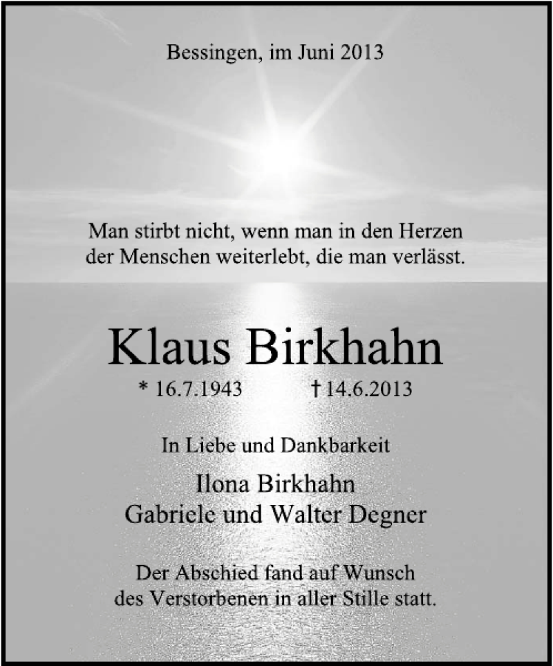  Traueranzeige für Klaus Brikhahn vom 22.06.2013 aus Deister- und Weserzeitung