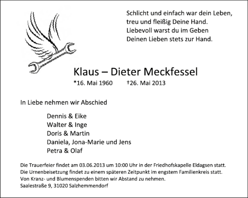  Traueranzeige für Klaus-Dieter Meckfessel vom 01.06.2013 aus Deister- und Weserzeitung