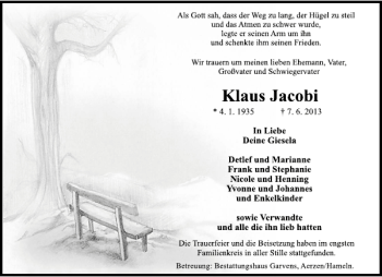 Traueranzeige von Klaus Jacobi von Deister- und Weserzeitung