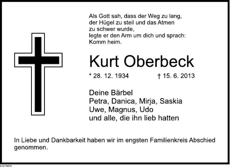  Traueranzeige für Kurt Oberbeck vom 22.06.2013 aus Deister- und Weserzeitung