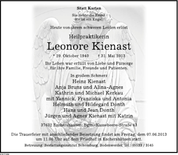 Traueranzeige von Leonore Kienast von Deister- und Weserzeitung