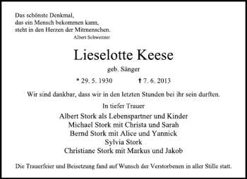 Traueranzeige von Lieselotte Keese von Deister- und Weserzeitung