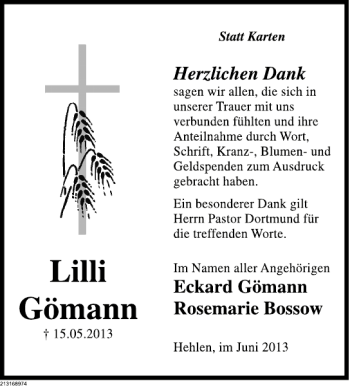 Traueranzeige von Lilli Gömann von Deister- und Weserzeitung