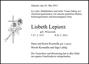 Traueranzeige von Lisbeth Lepiorz von Deister- und Weserzeitung