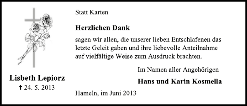  Traueranzeige für Lisbeth Lepiorz vom 22.06.2013 aus Deister- und Weserzeitung