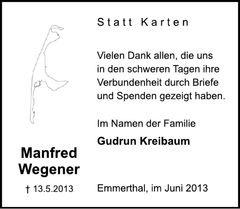  Traueranzeige für Manfred Wegener vom 15.06.2013 aus Deister- und Weserzeitung