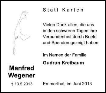 Traueranzeige von Manfred Wegener von Deister- und Weserzeitung