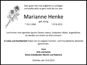 Traueranzeige von Marianne Henke von Deister- und Weserzeitung