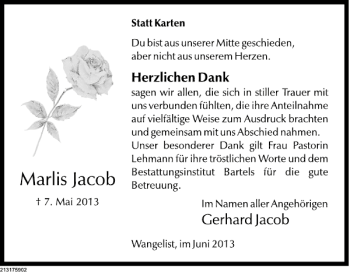 Traueranzeige von Marlis Jacob von Deister- und Weserzeitung