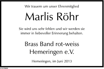 Traueranzeige von Marlis Röhr von Deister- und Weserzeitung