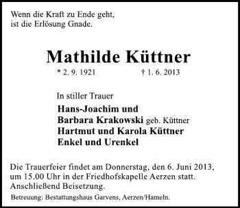 Traueranzeige von Mathilde Küttner von Deister- und Weserzeitung