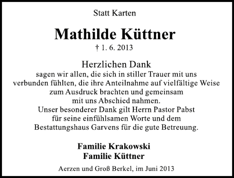  Traueranzeige für Mathilde Küttner vom 22.06.2013 aus Deister- und Weserzeitung