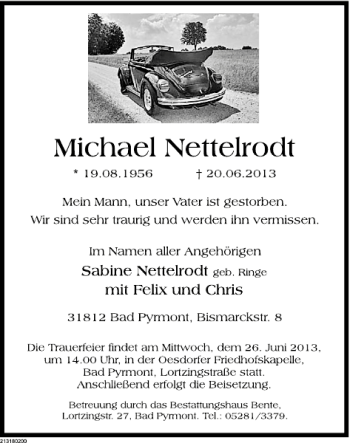 Traueranzeige von Michael Nettelrodt von Deister- und Weserzeitung