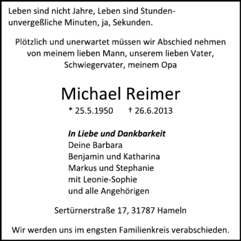 Traueranzeige von Michael Reimer von Deister- und Weserzeitung