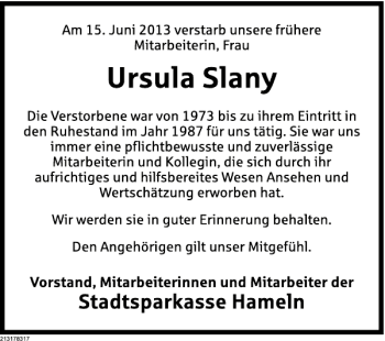 Traueranzeige von Nachruf Slany von Deister- und Weserzeitung