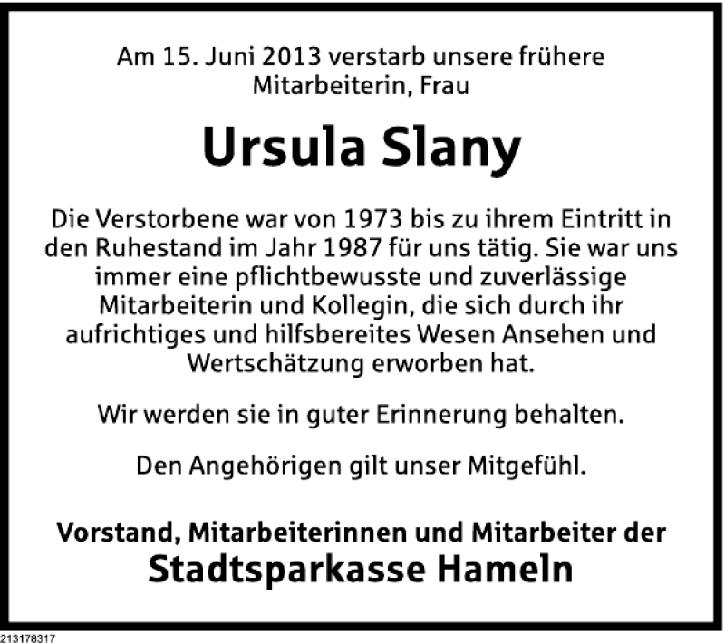  Traueranzeige für Nachruf Slany vom 20.06.2013 aus Deister- und Weserzeitung