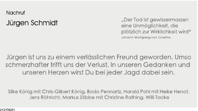  Traueranzeige für Nachruf Jürgen Schmidt vom 15.06.2013 aus Deister- und Weserzeitung
