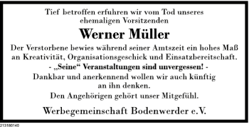 Traueranzeige von Nachruf Werner Müller von Deister- und Weserzeitung