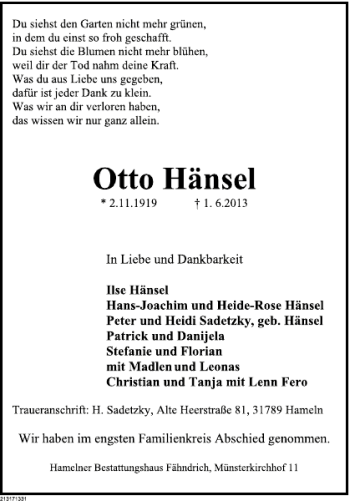Traueranzeige von Otto Hänsel von Deister- und Weserzeitung