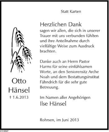 Traueranzeige von Otto Hänsel von Deister- und Weserzeitung