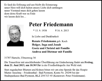 Traueranzeige von Peter Friedemann von Deister- und Weserzeitung