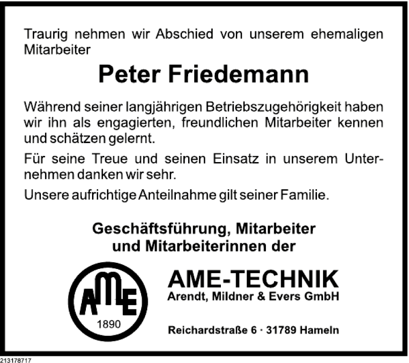  Traueranzeige für Peter Friedemann vom 20.06.2013 aus Deister- und Weserzeitung