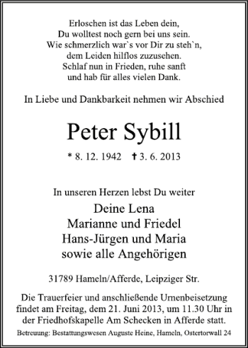 Traueranzeige von Peter Sybill von Deister- und Weserzeitung