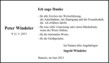 Traueranzeige von Peter Windeler von Deister- und Weserzeitung