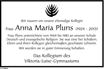 Traueranzeige von Pluns Traueranzeige von Deister- und Weserzeitung