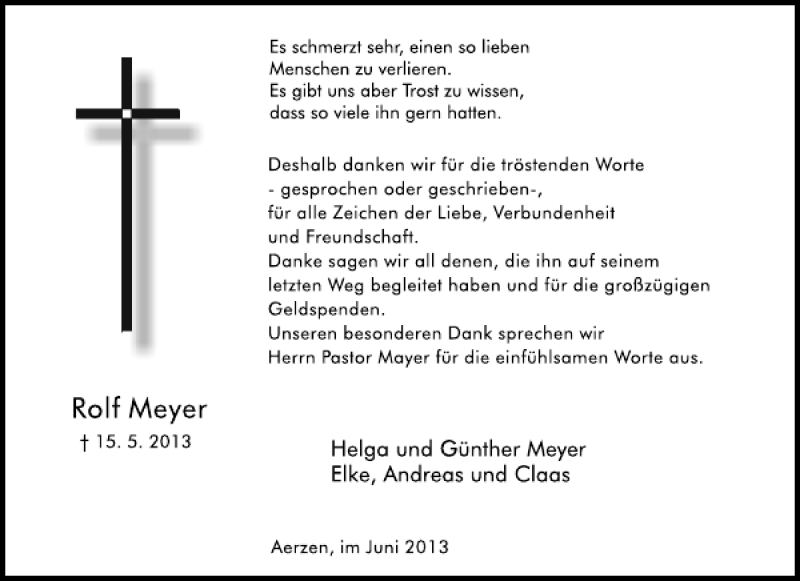  Traueranzeige für Rolf Meyer vom 15.06.2013 aus Deister- und Weserzeitung