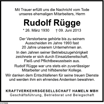 Traueranzeige von Rudolf Rügge von Deister- und Weserzeitung