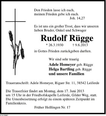 Traueranzeige von Rudolf Rügge von Deister- und Weserzeitung