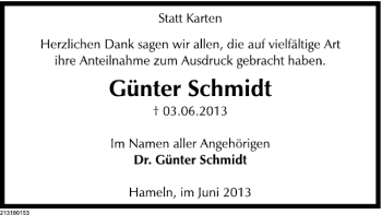 Traueranzeige von Schmidt Danksagung von Deister- und Weserzeitung